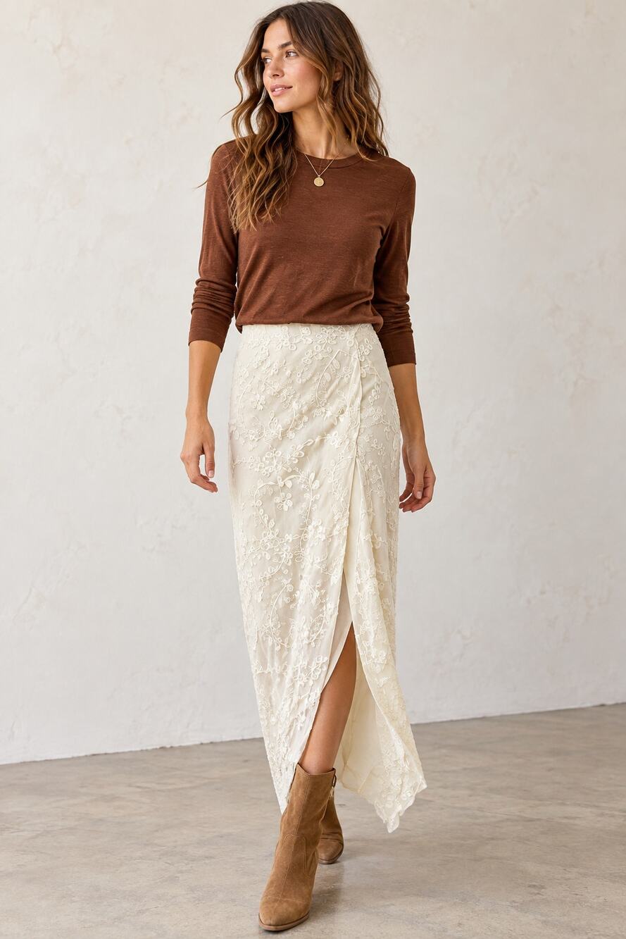 Altar'd State Ivory Floral Embroidered Mesh Maxi Skirt with Front Slit, Size S